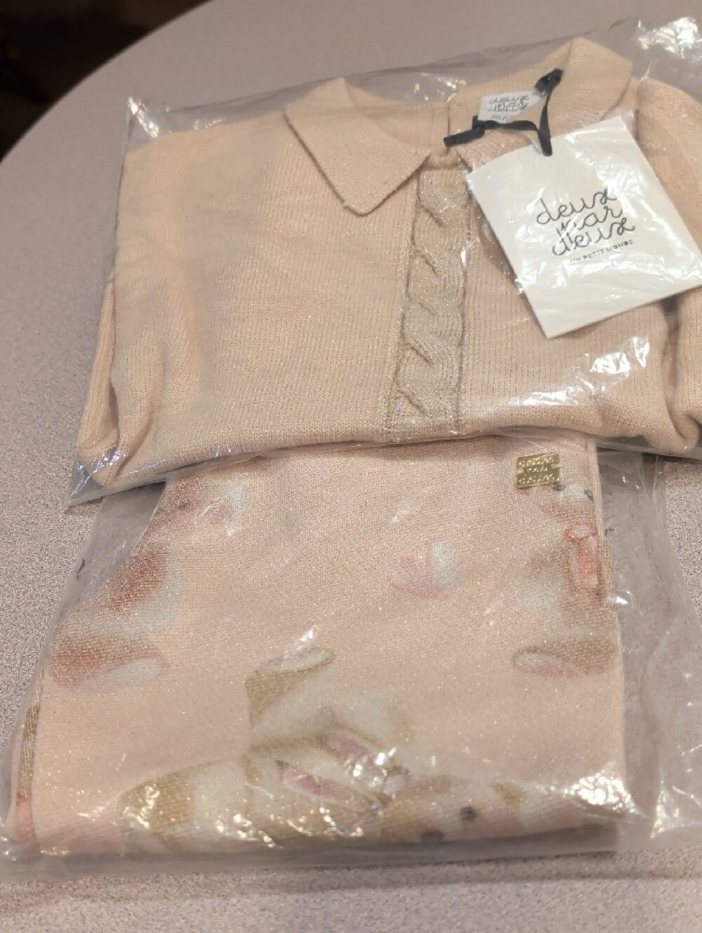 deux par deux Beige Knit Collar Sweater & Teddy Bear Bottoms NWT